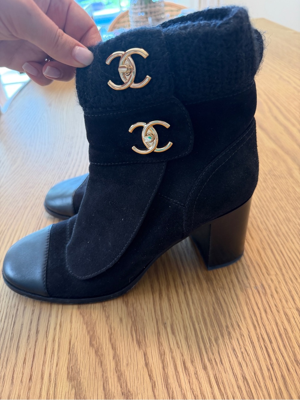 CHANEL Black Suede & Leather Block Heel Ankle Boots with Gold CC Accents